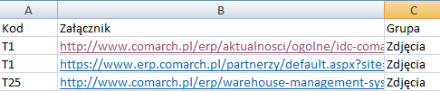 Przykładowy arkusz MS_Excel z adresami URL