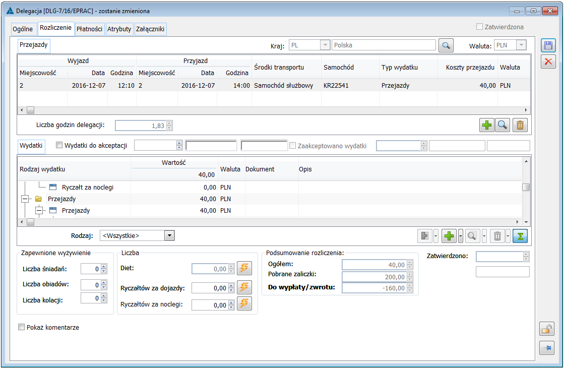 Dokument Delegacji, zakładka Rozliczenia