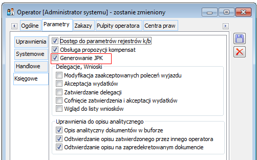 Karta operatora, parametr odpowiedzialny za generowanie pliku JPK