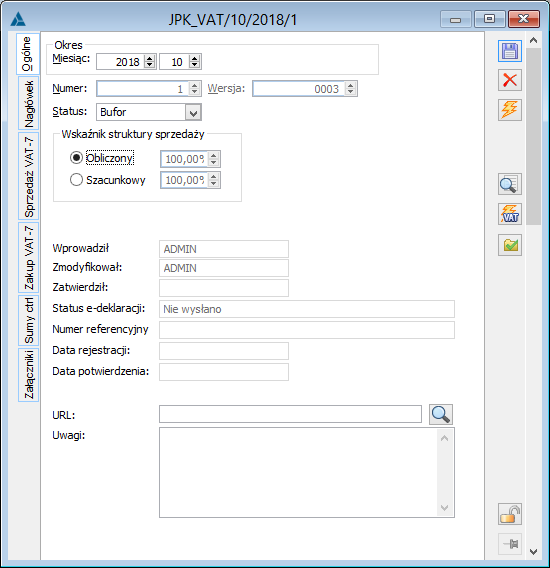 JPK_VAT zakładka Ogólne