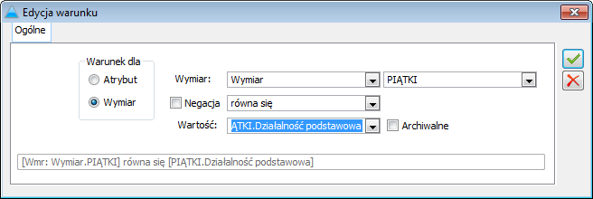 Okno warunku opartego o wymiar analityczny.