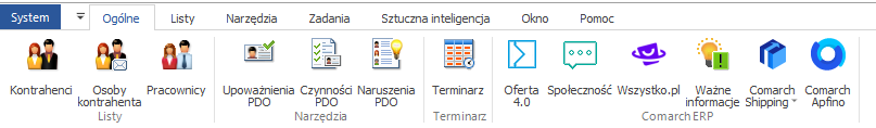 Menu główne i pasek narzędzi modułu: RODO