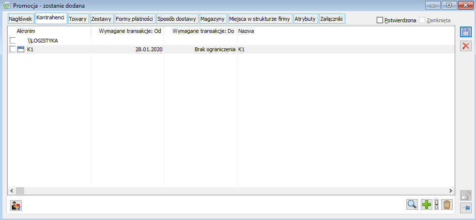 Promocja typu PRM, zakładka: Kontrahenci