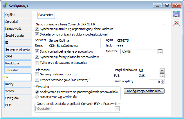 Parametry współpracy z Comarch ERP XL HR