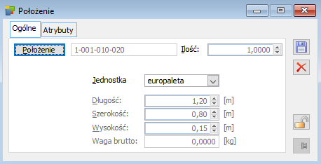 Okno: Położenie, w którym można edytować dane jednostki składowania dla towaru na konkretnym dokumencie PM.