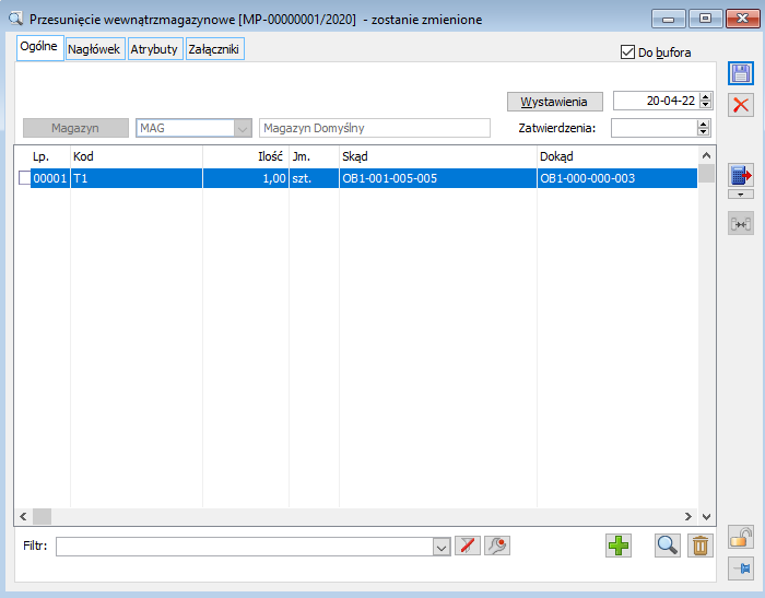 Przesunięcie wewnątrzmagazynowe, zakładka: Ogólne.