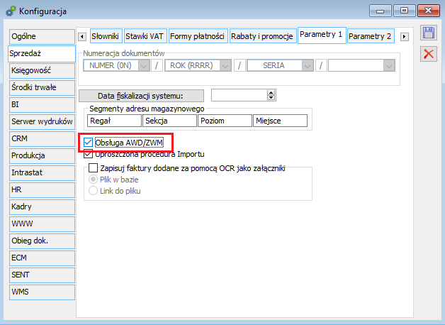 Parametr ‘Obsługa WMS’ w konfiguracji Systemu, zakładka Sprzedaż -> Parametry1