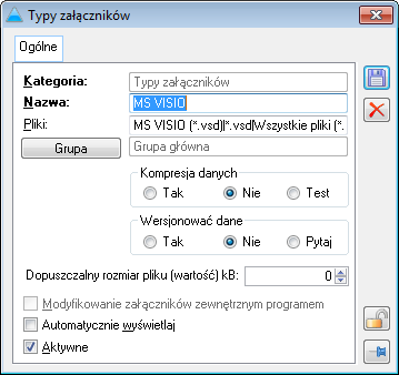 Nowy typ załączników (MS VISIO) zdefiniowany z poziomu okna: Słowniki kategorii