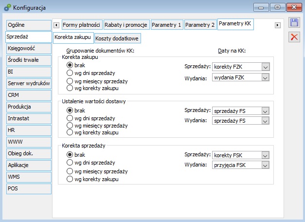 Konfiguracja, zakładka: Sprzedaż/Parametry KK/Korekta zakupu