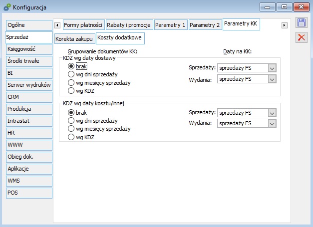Konfiguracja, zakładka: Sprzedaż/ Parametry KK/ Koszty dodatkowe.