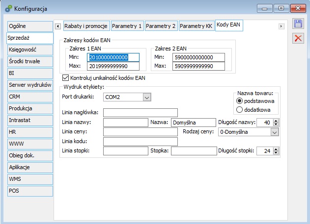 Konfiguracja, zakładka: Sprzedaż, Kody EAN