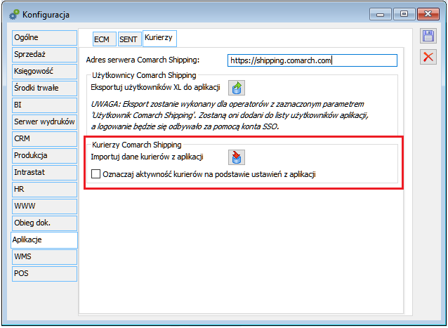 Import danych o kurierach z aplikacji Comarch Shipping