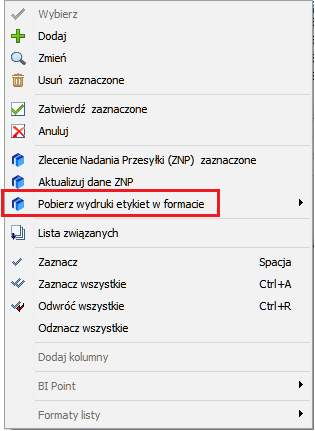 Nowe polecenie do pobierania etykiet z Comarch Shipping w menu kontekstowym na liście wysyłek