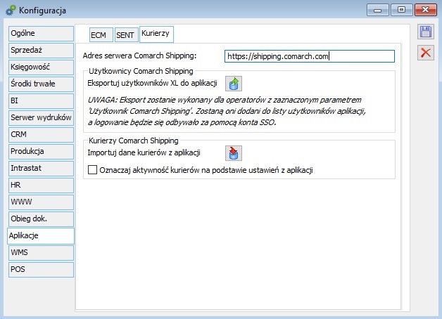 Ustawienia adresu serwera Comarch Shipping w oknie konfiguracji