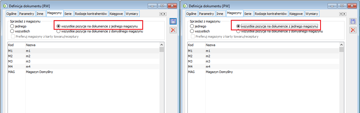 Definicje dokumentów RW/PW - parametr: Sprzedaż z magazynu: wszystkie pozycje na dokumencie z jednego magazynu