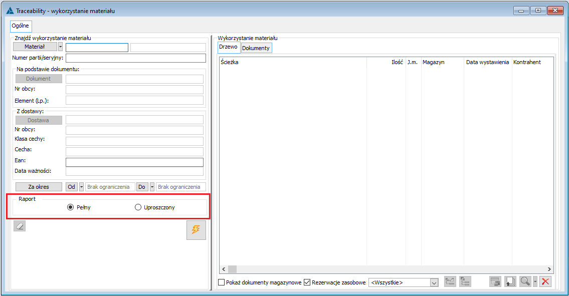Traceability - wykorzystanie materiału - nowe parametry decydujące o tym, czy raport ma być pełny, czy uproszczony