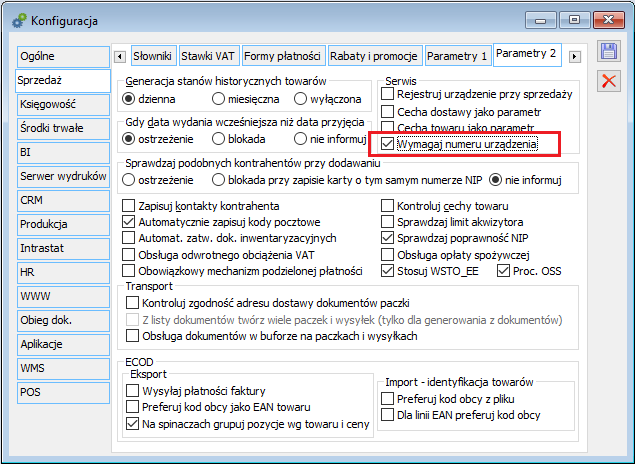 Konfiguracja, zakładka: Sprzedaż/Parametry 2 – parametr: Wymagaj numeru urządzenia