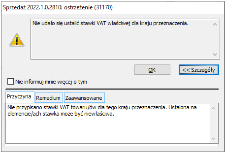 Ostrzeżenie o braku zdefiniowanej stawki VAT towaru dla kraju przeznaczenia