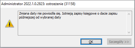 Komunikat o niepowodzeniu zmiany daty końcowej okresu obrachunkowego