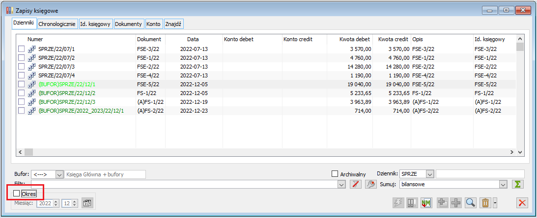 Lista zapisów księgowych, odznaczony parametr „Okres”