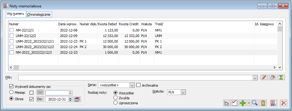 Okno Noty Memoriałowe, zakładka „Wg numeru”, wybrany parametr „Okres”