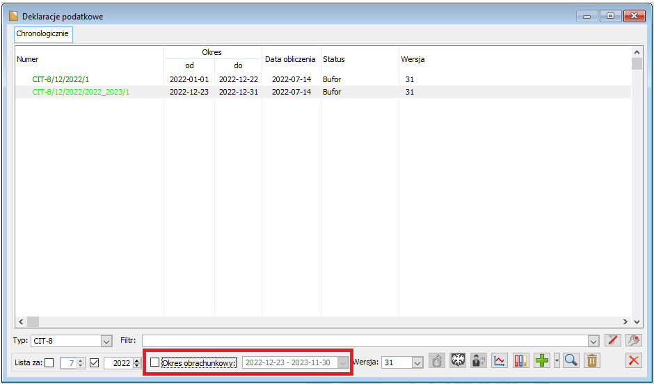 Lista deklaracji CIT-8, niewybrany parametr „Okres obrachunkowy”