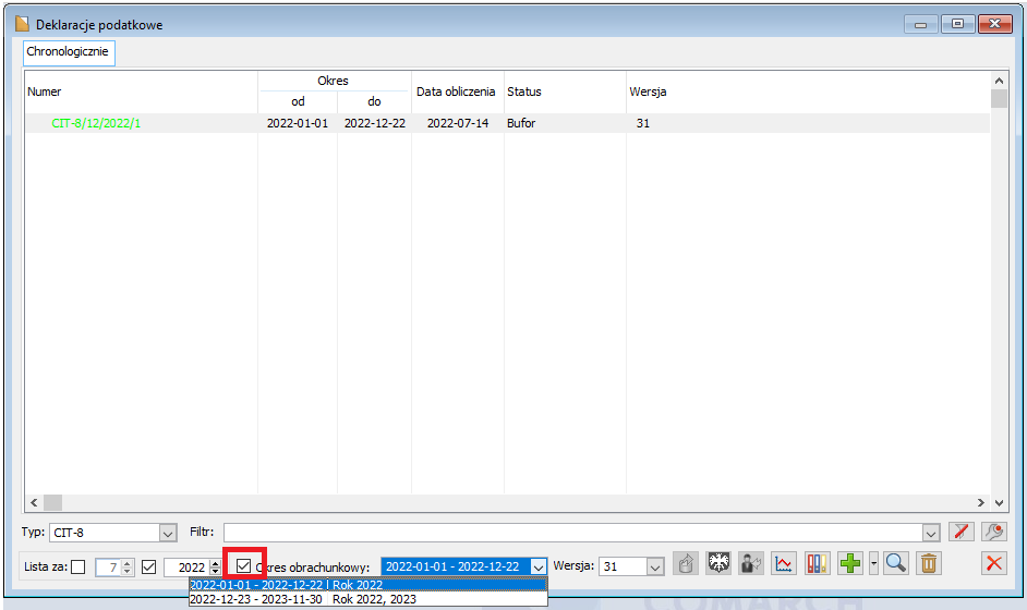 Lista deklaracji CIT-8, wybrany parametr „Okres obrachunkowy”