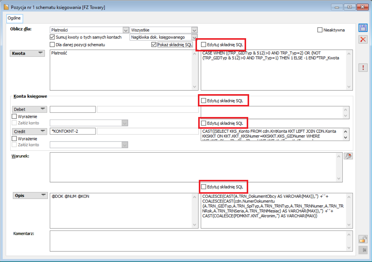 Pozycja schematu z zaznaczonymi czekami „Edytuj składnię SQL” do ręcznej modyfikacji składni SQL