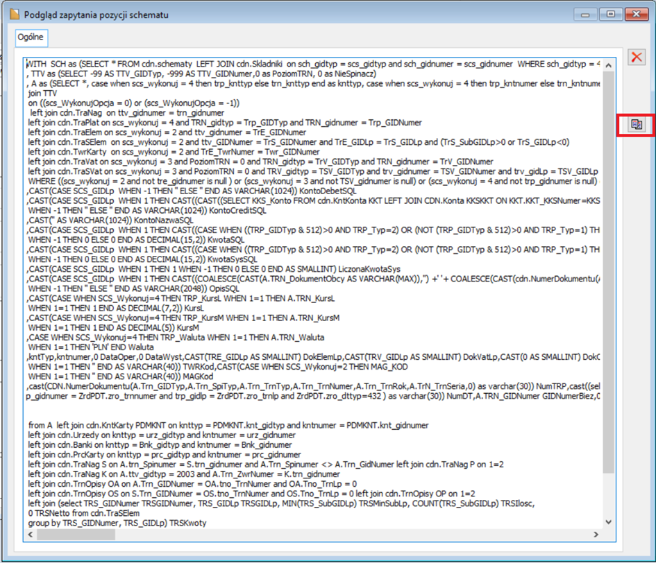 Okno podglądu zapytania dla pozycji z zaznaczonym przyciskiem kopiowania do schowka