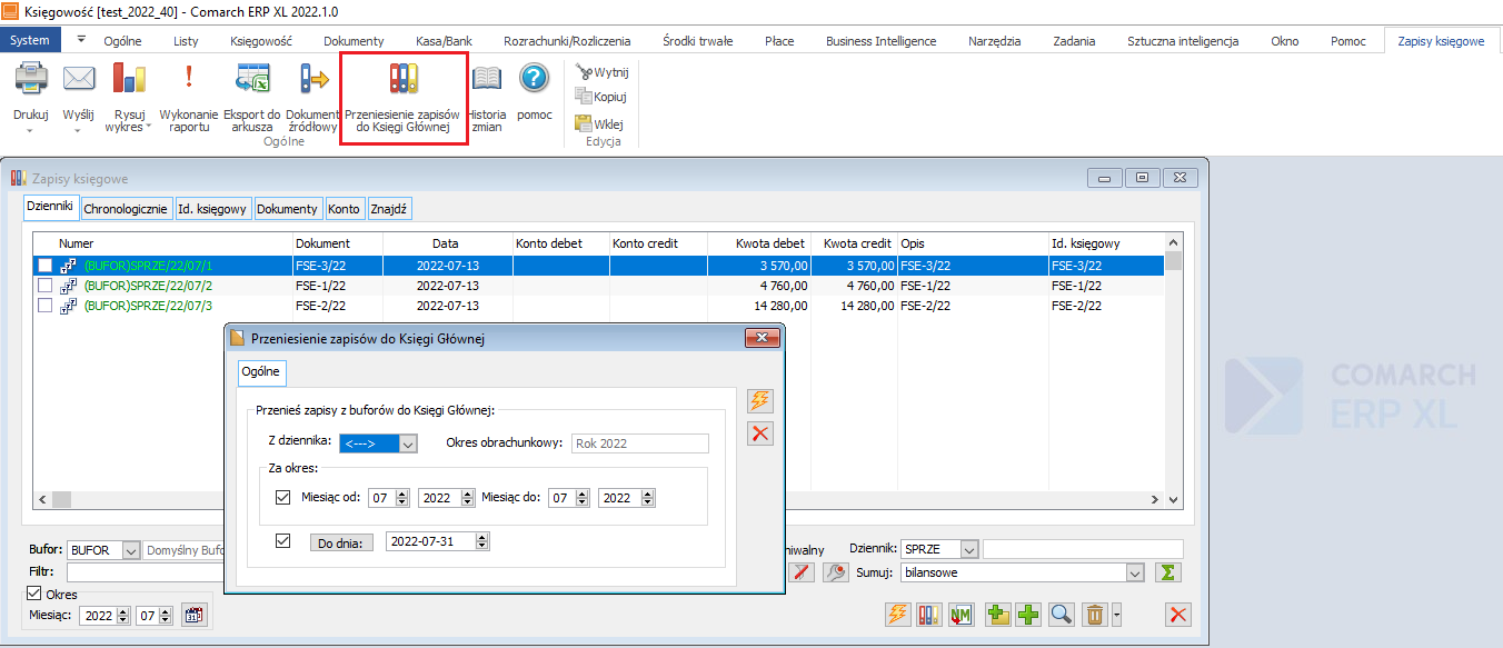 Okno Zapisy księgowe, formularz Przeniesienie zapisów do Księgi Głównej