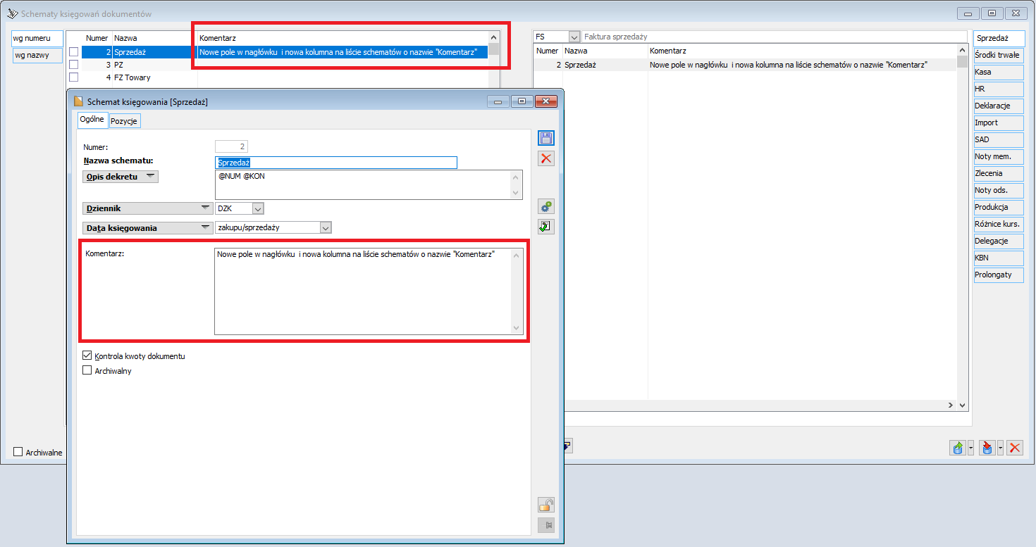 Schemat księgowy, zakładka Ogólne”, nowe pole „Komentarz”