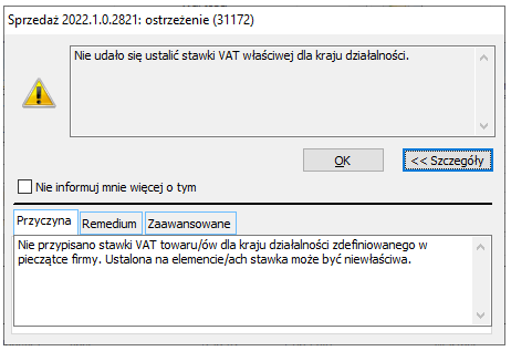 Ostrzeżenie o braku zdefiniowanej stawki VAT towaru dla kraju działalności