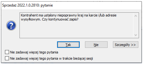 Ostrzeżenie podczas zapisu karty WSTO z adresem kraju spoza UE