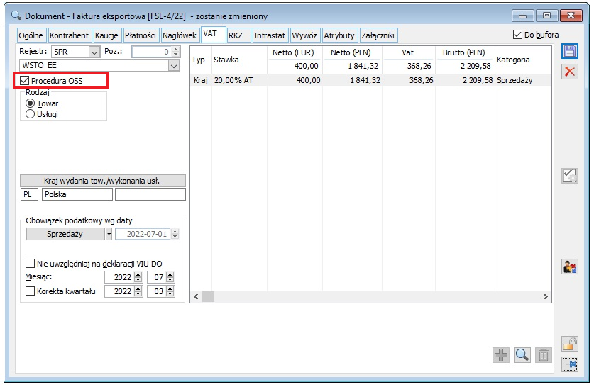 Parametr stosowania procedury VAT_OSS na dokumencie