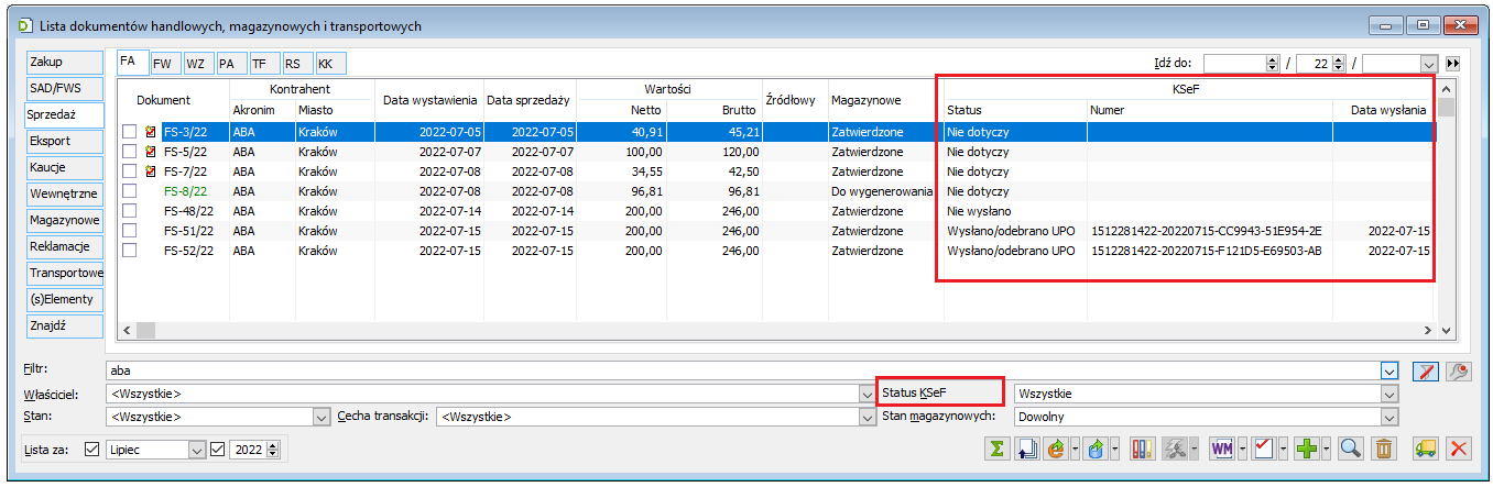 Nowe kolumny i filtr wg Statusu KSeF na liście FS
