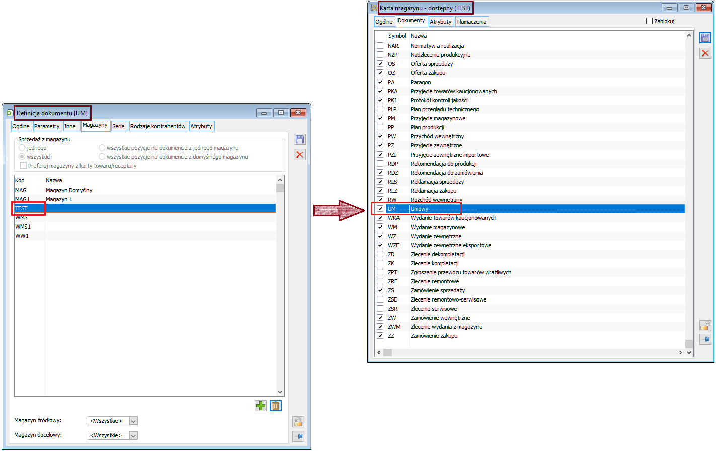Ustawianie magazynów dla definicji dokumentu od strony definicji oraz karty magazynu