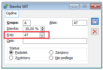 Identyfikator kraju w którym obowiązuje dana stawka