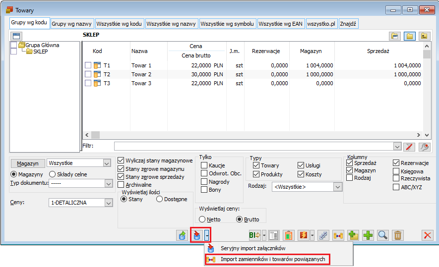 Opcja importu zamienników i towarów powiązanych