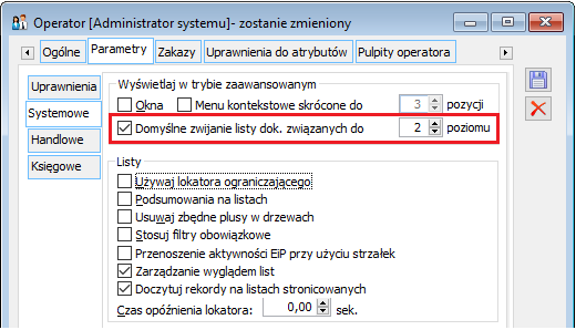 Parametr Operatora określający poziom rozwinięcia dokumentów powiązanych