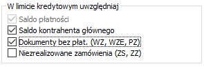 Parametry uwzględniania w limicie dokumentów bez płatności i zamówień