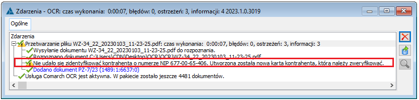 Ostrzeżenie o braku karty kontrahenta i jej założeniu przez System