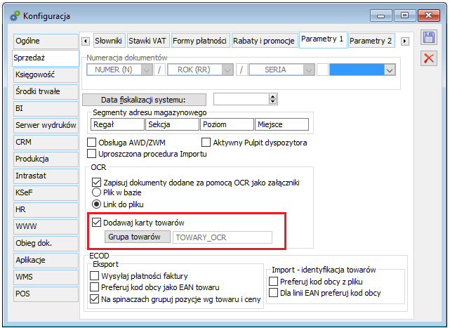 Parametryzacja zakładana przez System kart towarowych