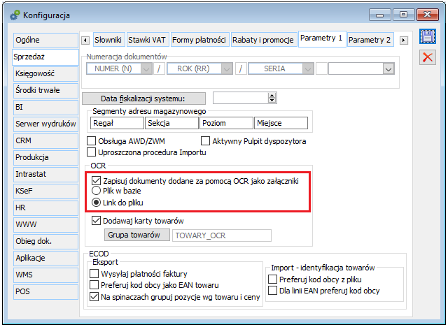 Parametryzacja zapisywania załączników OCR