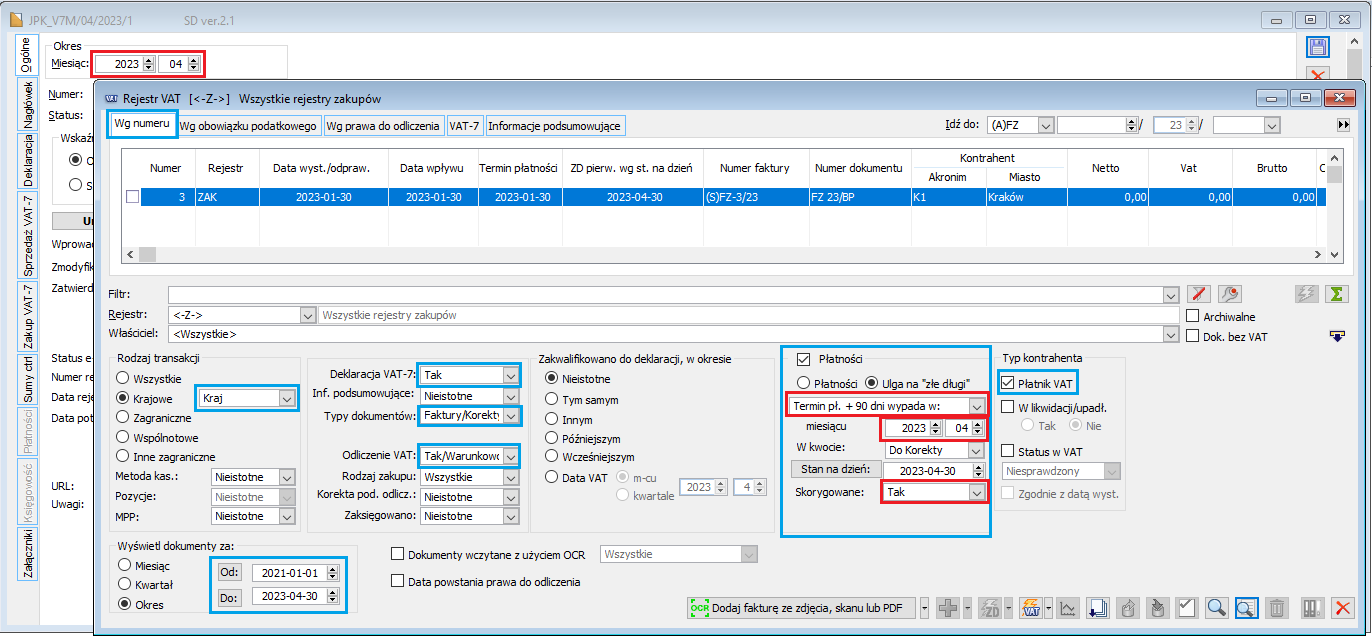 Rejestr zakupu VAT – predefiniowane filtry dla opcji „Wygenerowano K. Pierwotne”