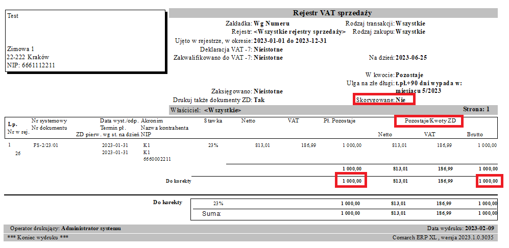 Wydruk wg kwoty Pozostaje. Brak wygenerowanych dokumentów ZD