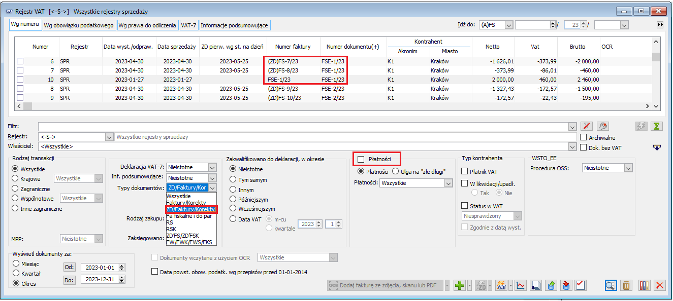 Rejestr sprzedaży VAT – filtr Typy dokumentów, opcja ZD/Faktury/Korekty