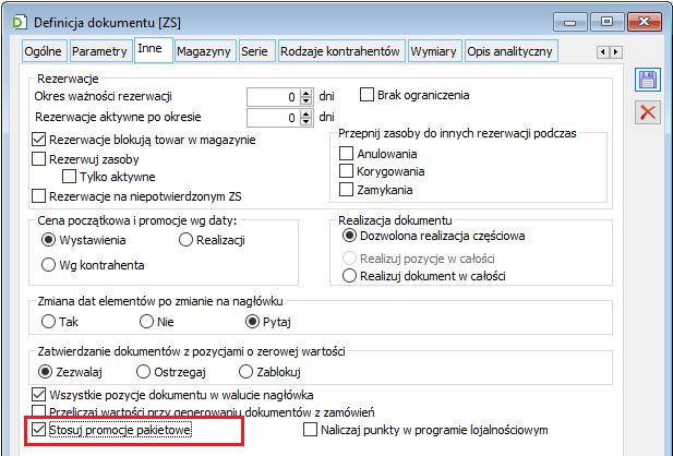 Definicja dokumentu ZS – parametr dotyczący stosowania promocji pakietowych