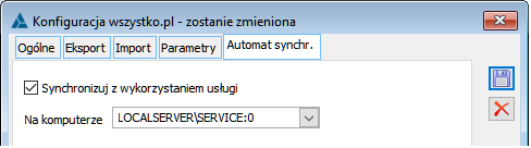 Zakładka z danymi dla usługi synchronizacji na oddziale wszystko.pl