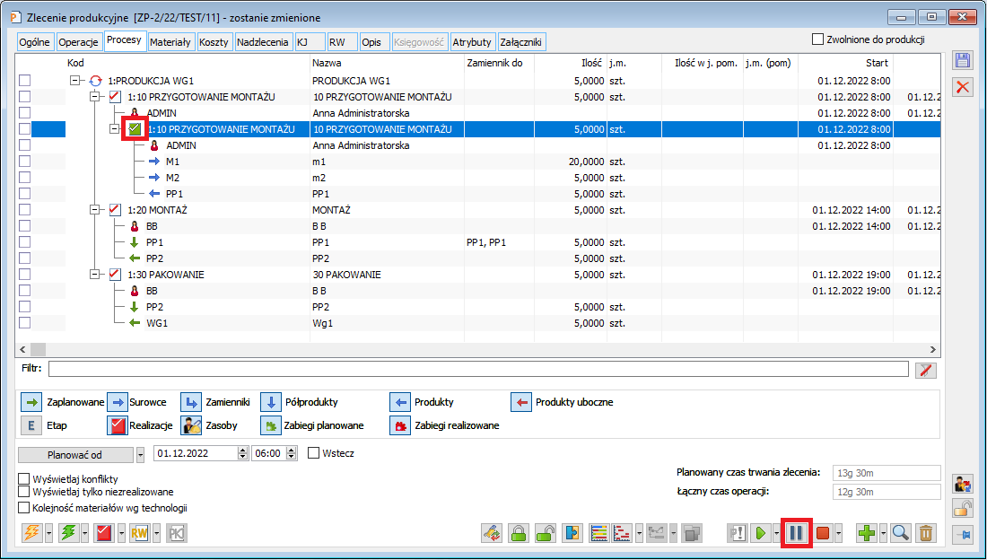 Przycisk do dodawania pauzy (zatrzymania operacji) w oknie Zlecenie produkcyjne, na zakładce Procesy