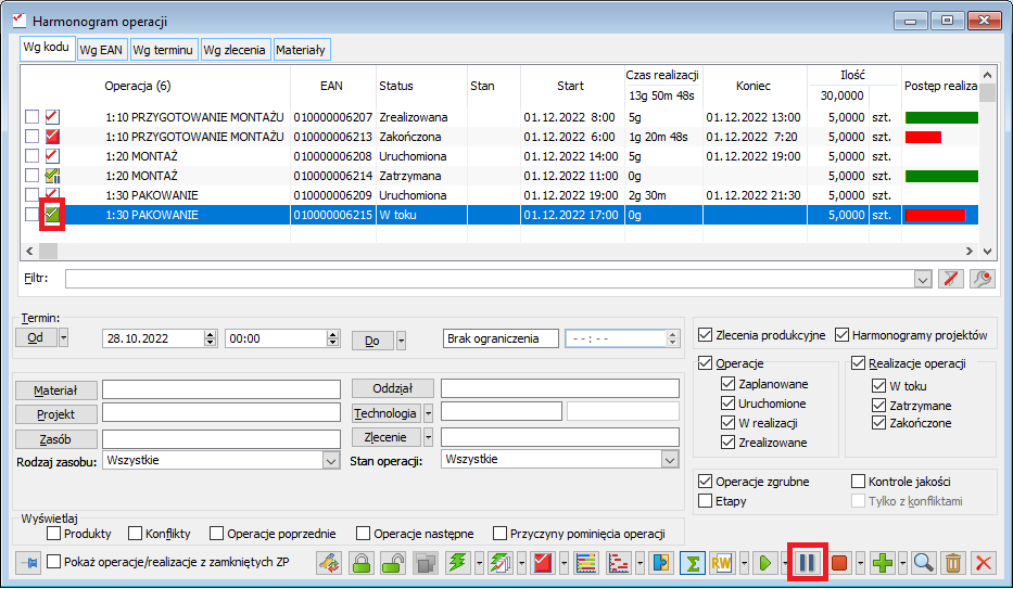 Przycisk do dodawania pauzy (zatrzymania operacji) w oknie Harmonogram operacji